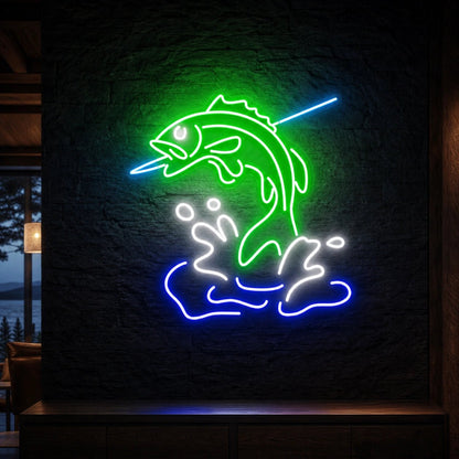 Leaping Bass Fish Over Splashing Water LED Neon Sign Man Cave Neon Sign - Shineneon