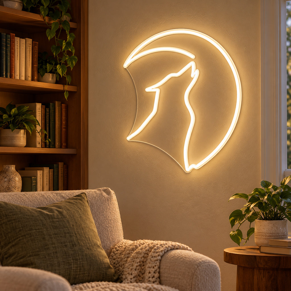 Howling Wolf Crescent Moon LED Neon Sign — original product image 02