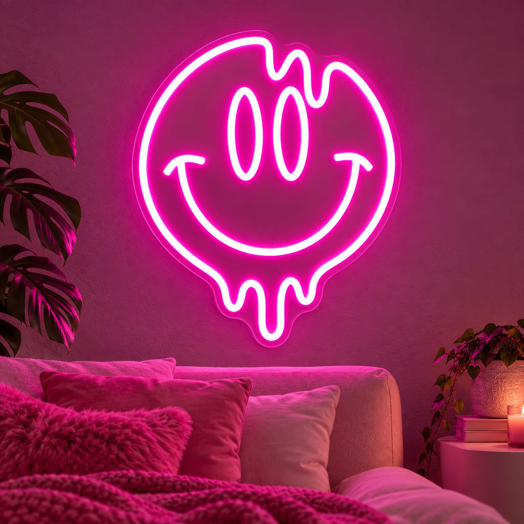 Melting Smiley Face Pink LED Neon Sign lifestyle scene