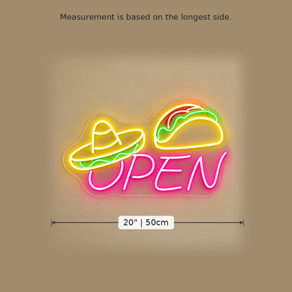 Taco Sombrero Open LED Neon Sign size guide