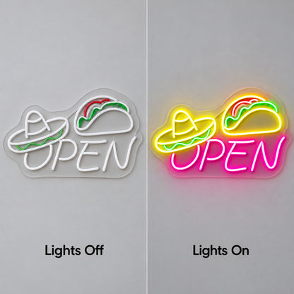 Taco Sombrero Open LED Neon Sign lights off/on
