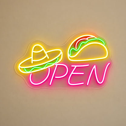 Taco Sombrero Open LED Neon Sign solid background