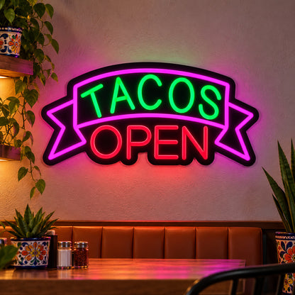 Tacos Open Green Pink LED Neon Sign lifestyle scene