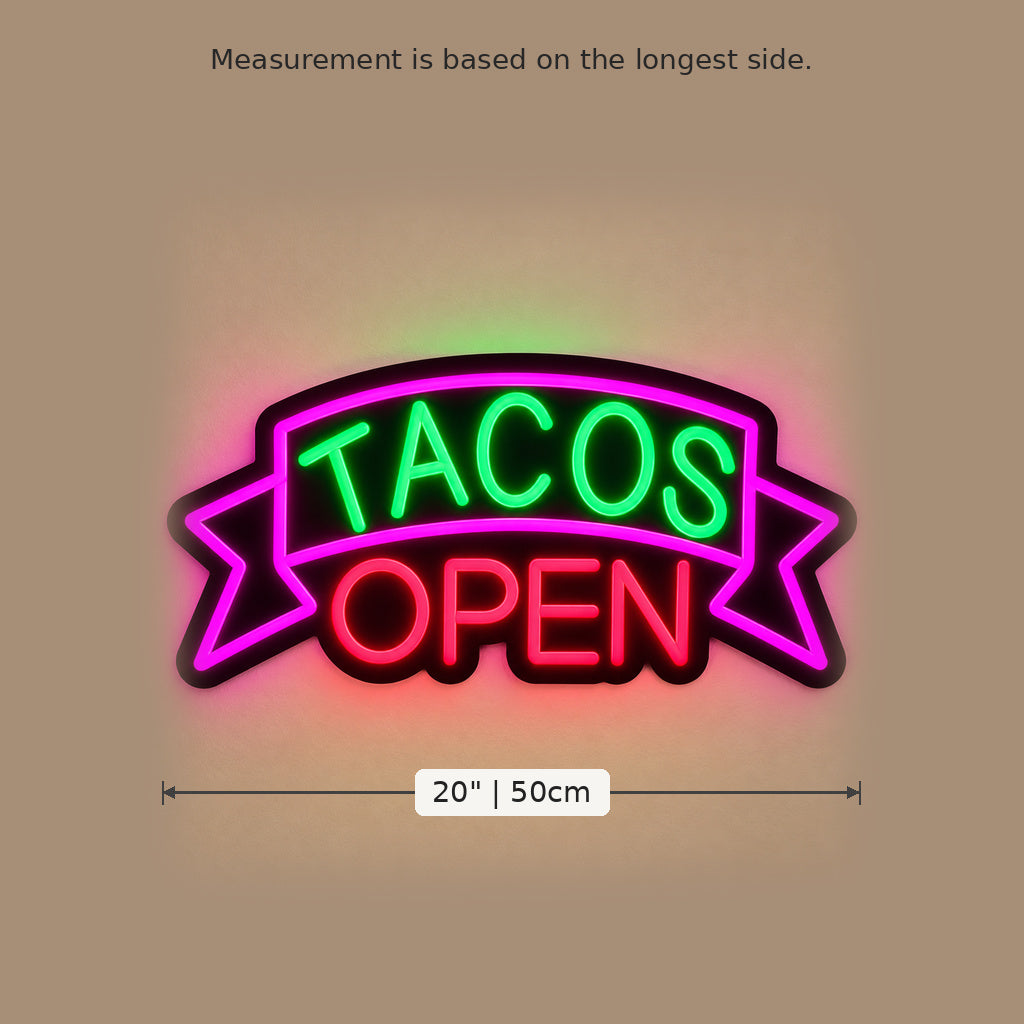 Tacos Open Green Pink LED Neon Sign size guide