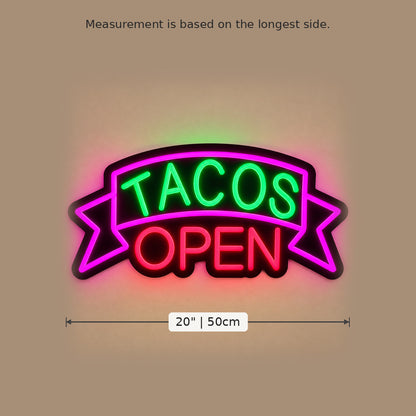 Tacos Open Green Pink LED Neon Sign size guide