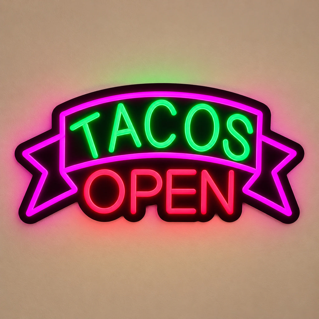 Tacos Open Green Pink LED Neon Sign solid background