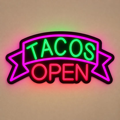 Tacos Open Green Pink LED Neon Sign solid background