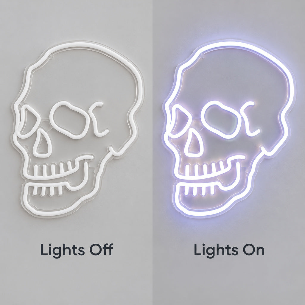 White Skull Outline LED Neon Sign lights off/on