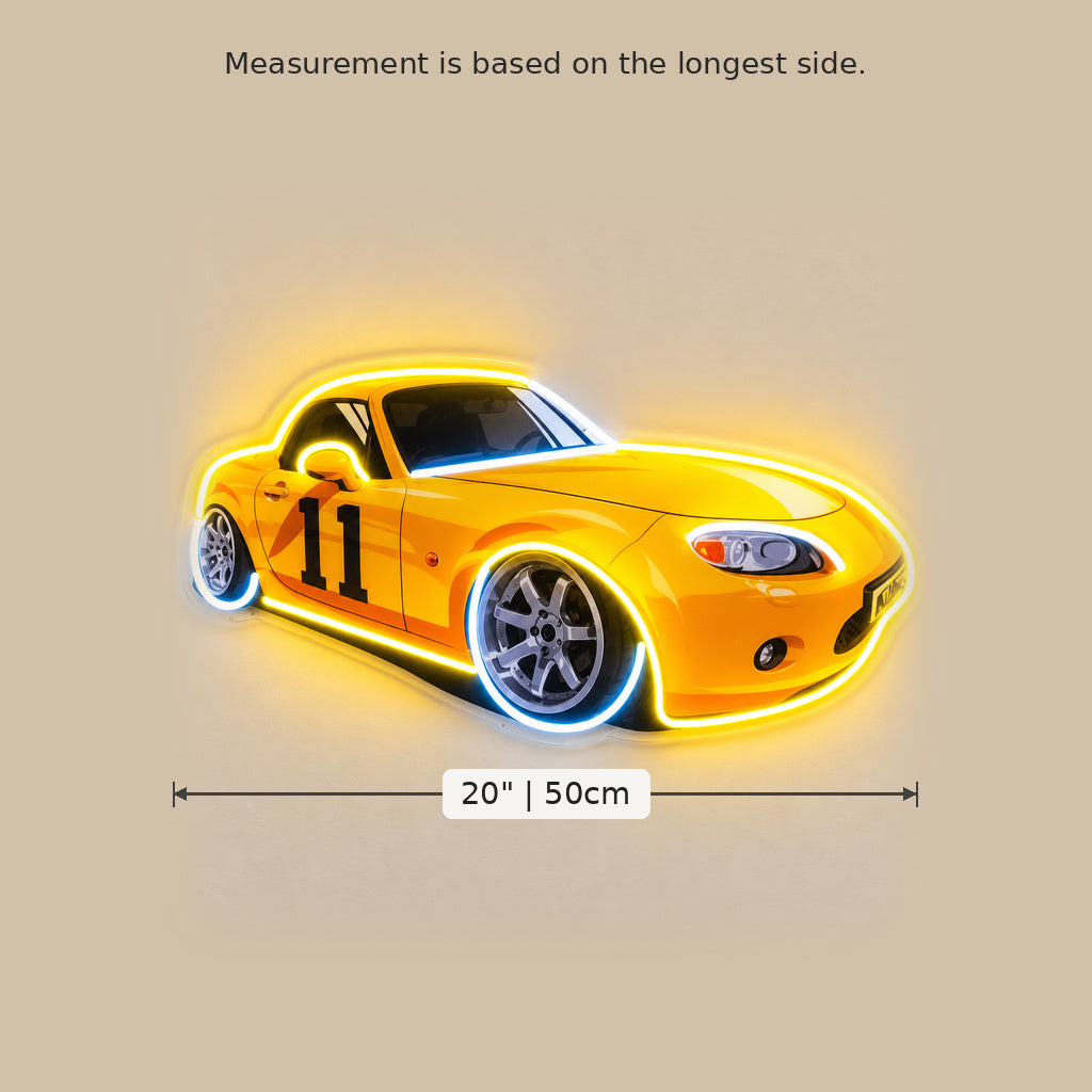 Yellow Race Car Number 11 LED Neon Sign size guide