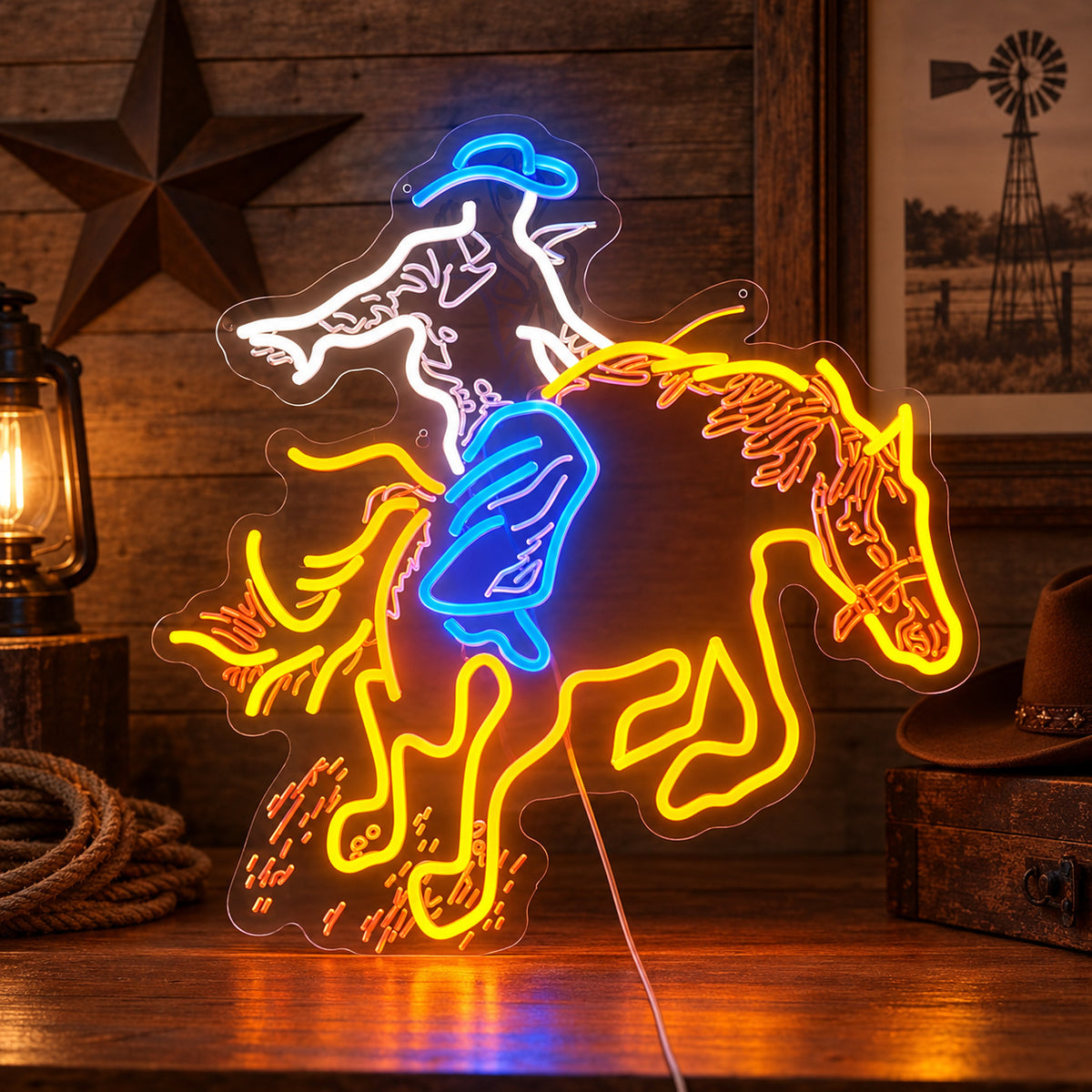 Leaning Cowboy Bucking Horse LED Neon Sign image 01