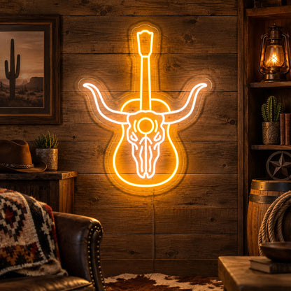 Longhorn Skull Acoustic Guitar LED Neon Sign image 01