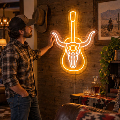Longhorn Skull Acoustic Guitar LED Neon Sign image 02