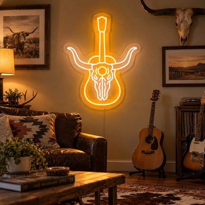 Longhorn Skull Acoustic Guitar LED Neon Sign image 03