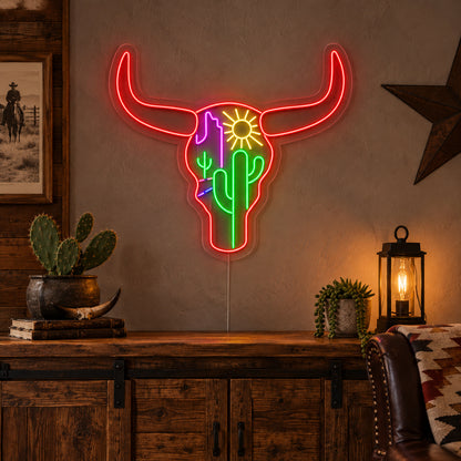 Longhorn Skull Cactus Desert LED Neon Sign image 01