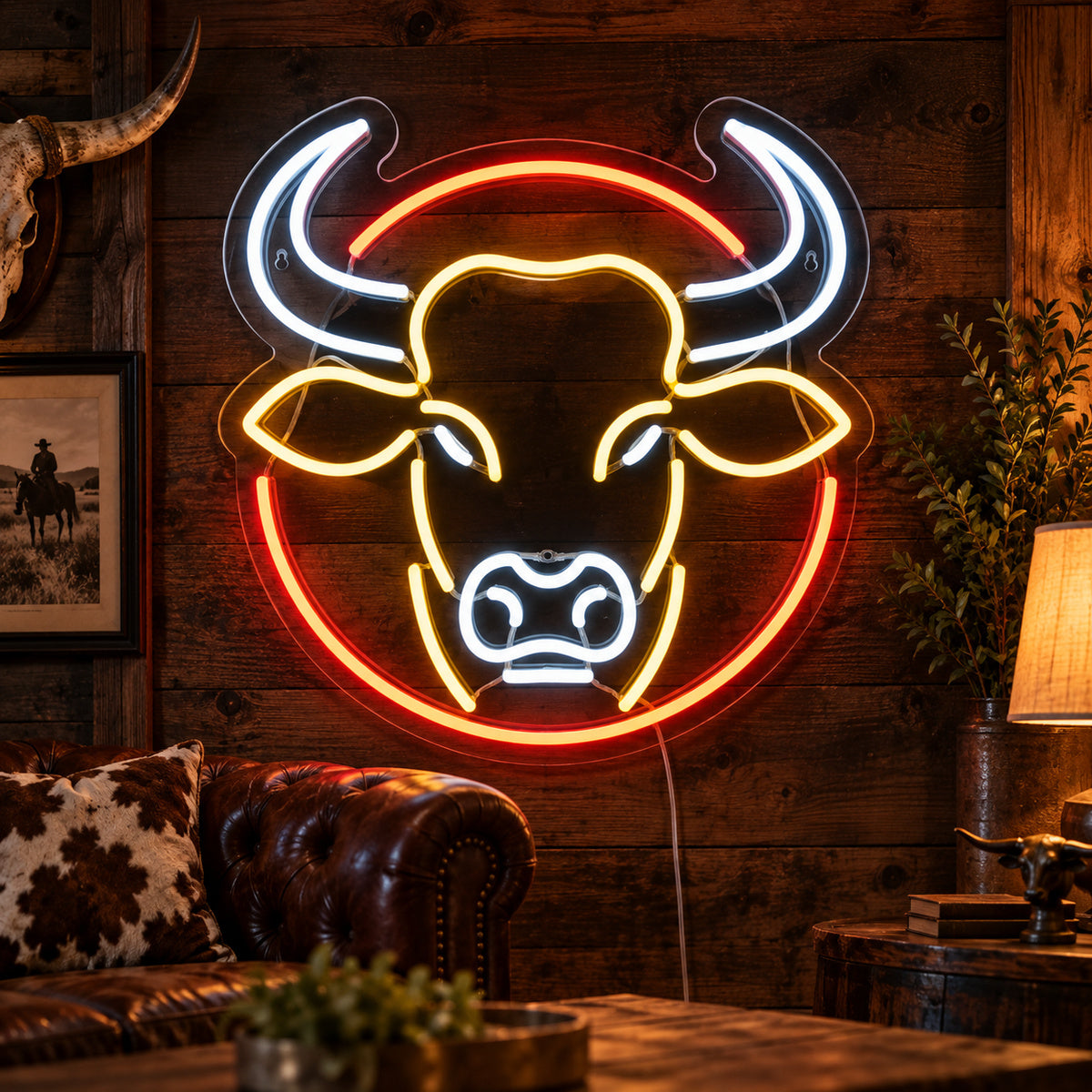 Round Frame Bull Head Vintage LED Neon Sign image 01