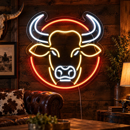Round Frame Bull Head Vintage LED Neon Sign image 01
