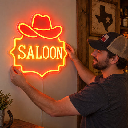 Saloon Cowboy Hat Garage Neon Sign Vintage LED Neon Sign Garage Neon Sign image 02