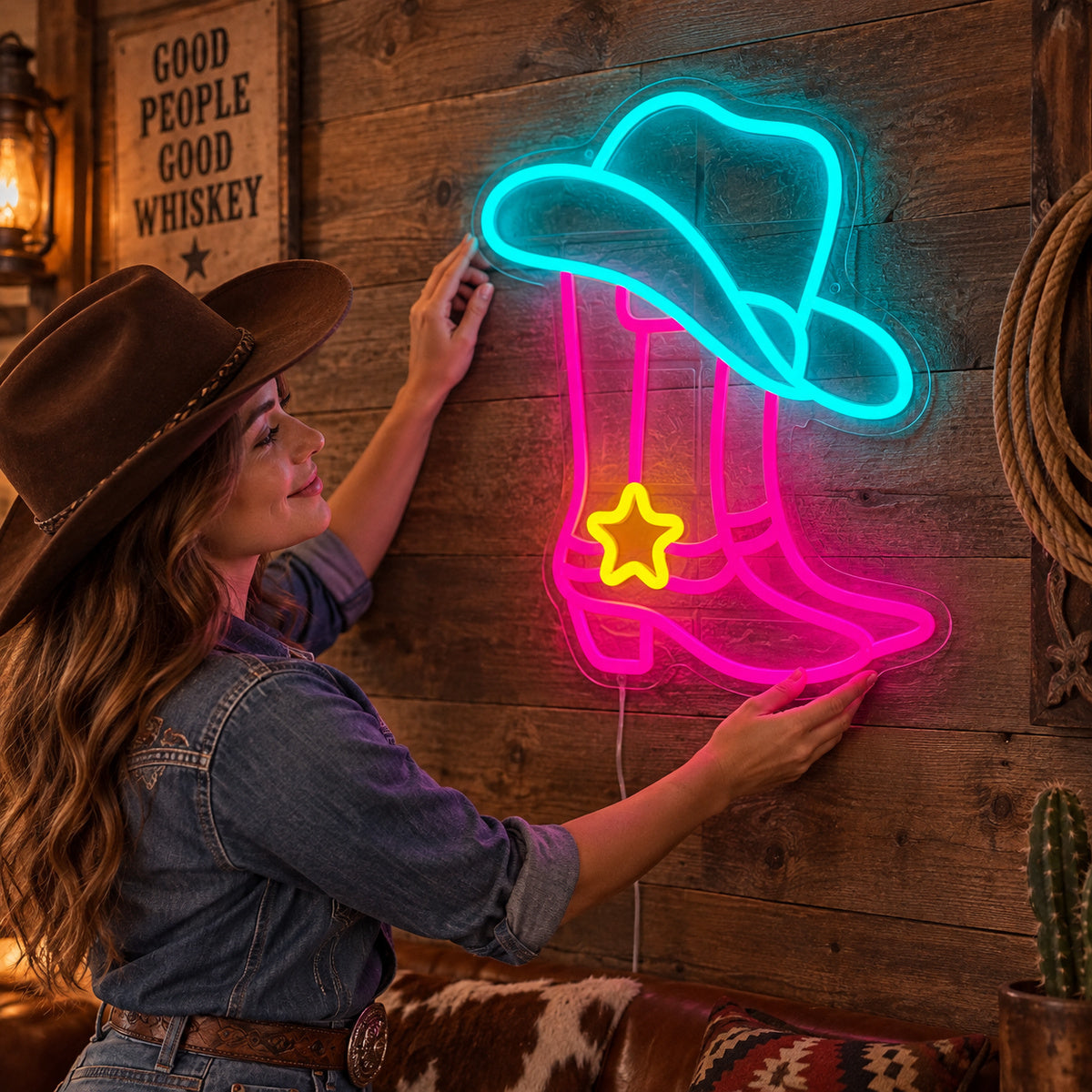 Star Spur Cowboy Boots Hat Vintage LED Neon Sign Garage Neon Sign image 02