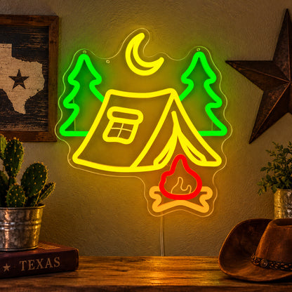 Tent Pine Trees Crescent Moon Campfire Vintage LED Neon Sign Garage Neon Sign image 01