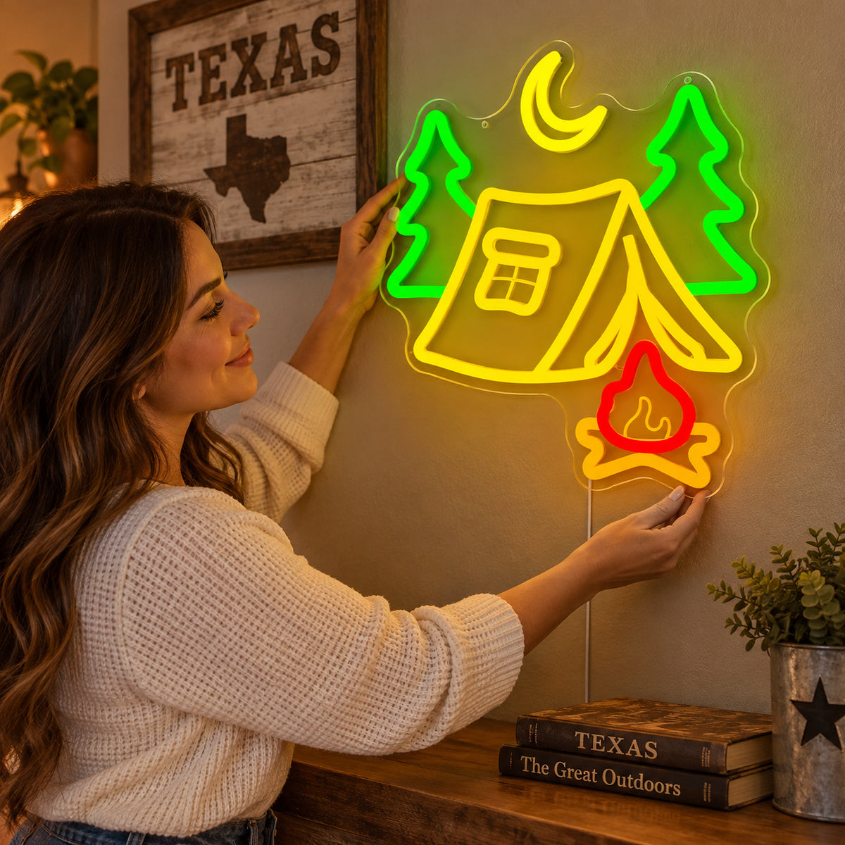 Tent Pine Trees Crescent Moon Campfire Vintage LED Neon Sign Garage Neon Sign image 02