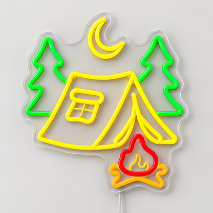 Tent Pine Trees Crescent Moon Campfire Vintage LED Neon Sign Garage Neon Sign image 06