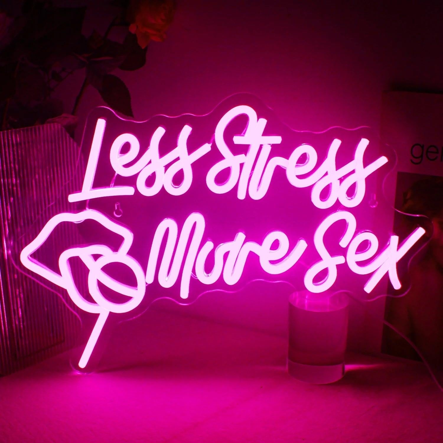 Less Stress More Sex Pink Led Neon Sign With Playful Gesture For Bedroom Bar Decor - Shineneon