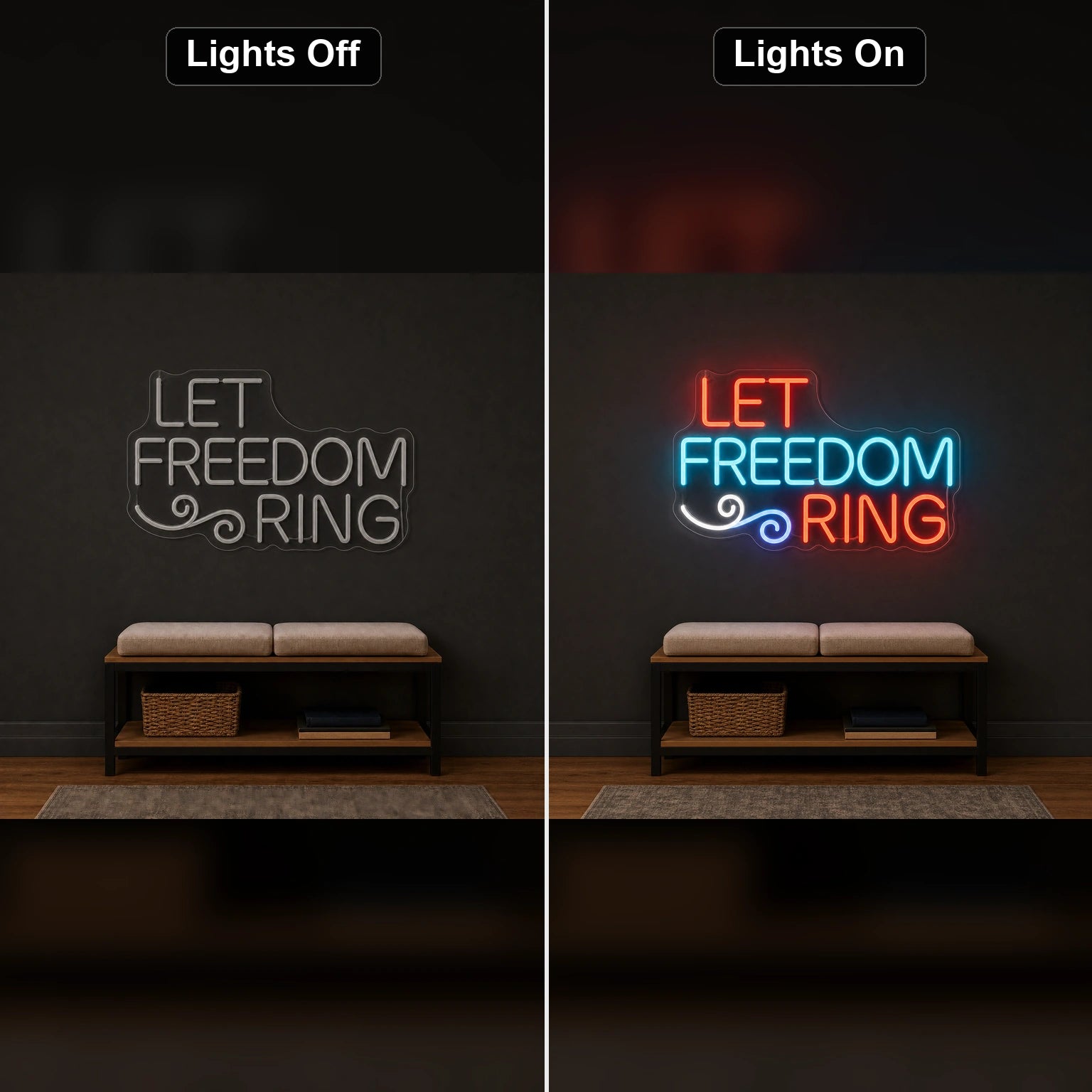Let Freedom Ring LED Neon Sign Home Garage Wall Decoration day and night comparison