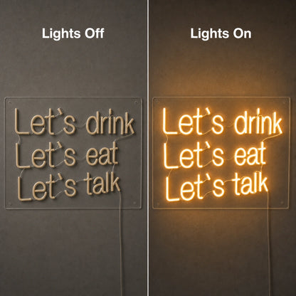 Let S Drink Lets Eat Talk LED Neon Sign Home Garage Wall Decoration day and night comparison