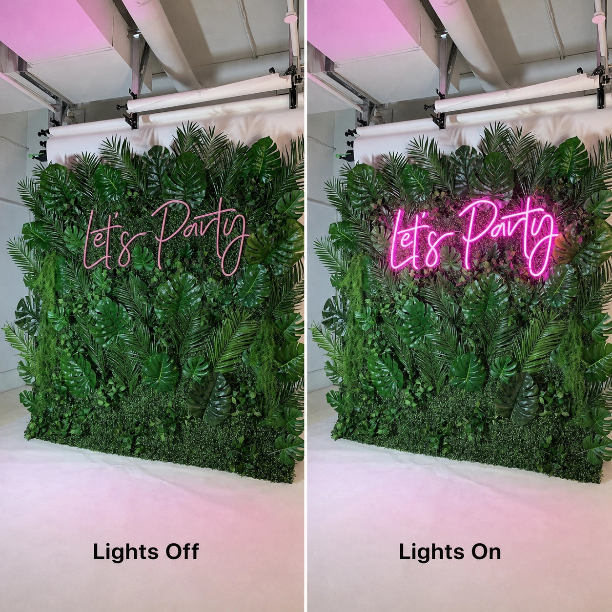 Let S Party Surrounded By Greenery LED Neon Sign Home Garage Wall Decoration day and night comparison