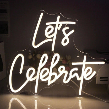 Lets Celebrate Led Neon Sign White Script Light Indoor Party Decor - Shineneon