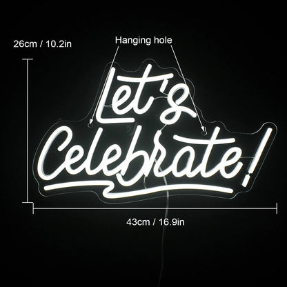 Lets Celebrate Led Neon Sign White Script Light Indoor Party Decor - Shineneon