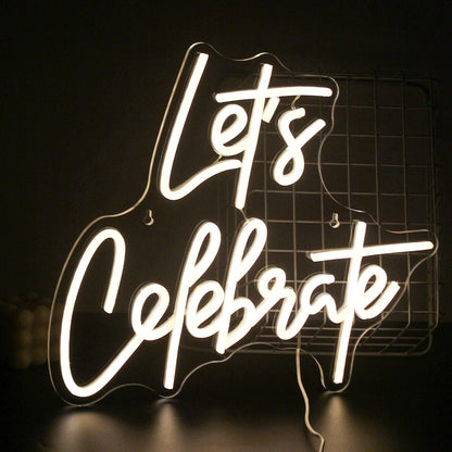 Lets Celebrate Led Neon Sign White Script Light Indoor Party Decor - Shineneon