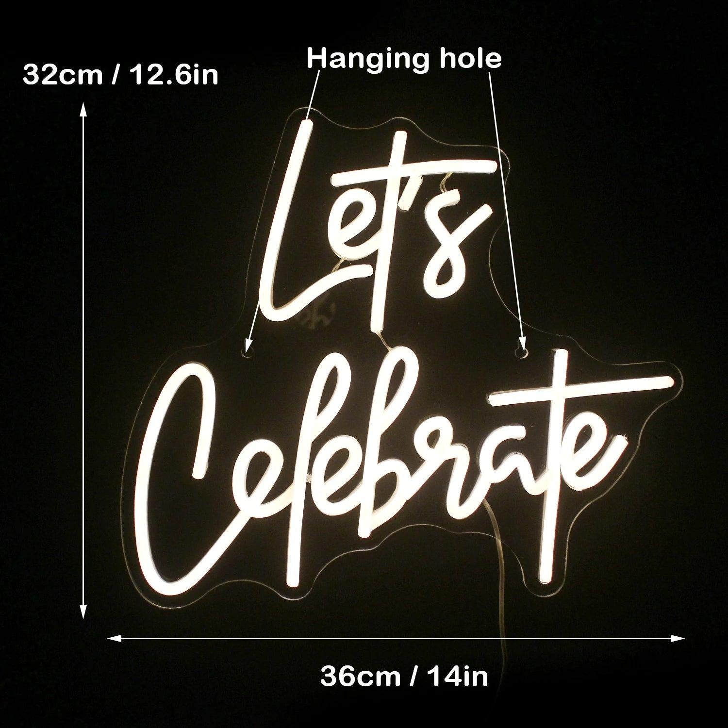 Lets Celebrate Led Neon Sign White Script Light Indoor Party Decor - Shineneon
