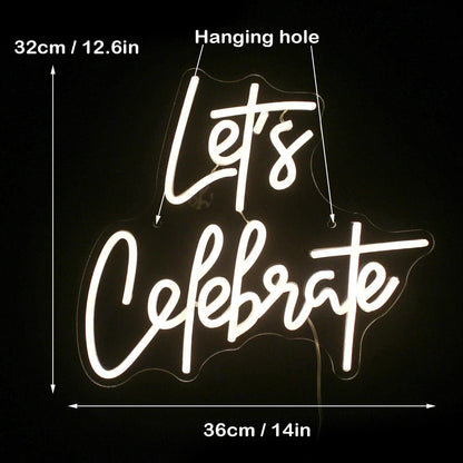 Lets Celebrate Led Neon Sign White Script Light Indoor Party Decor - Shineneon