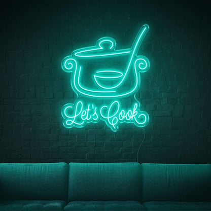 Lets Cook Warm Yellow Led Neon Sign With Pot Spoon Design For Kitchen Dining Decor | Shineneon