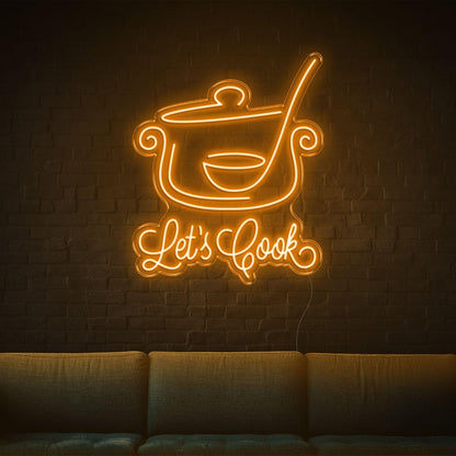 Lets Cook Warm Yellow Led Neon Sign With Pot Spoon Design For Kitchen Dining Decor | Shineneon