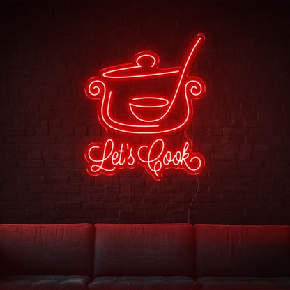 Lets Cook Warm Yellow Led Neon Sign With Pot Spoon Design For Kitchen Dining Decor | Shineneon