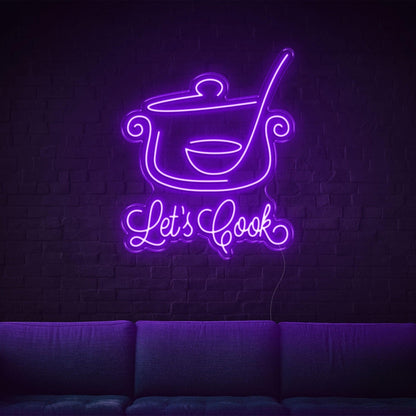Lets Cook Warm Yellow Led Neon Sign With Pot Spoon Design For Kitchen Dining Decor | Shineneon