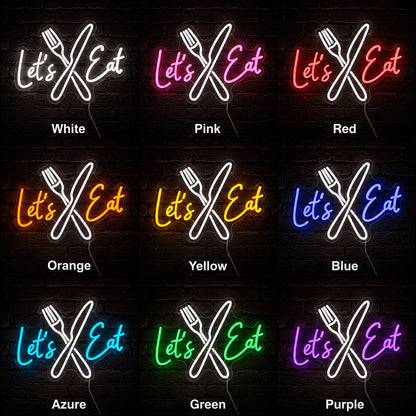 Lets Eat Crossed Fork Knife LED Neon Sign day and night comparison