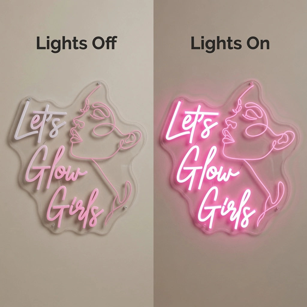 Let's Glow Girls LED Neon Sign - 06 Day Night Comparison
