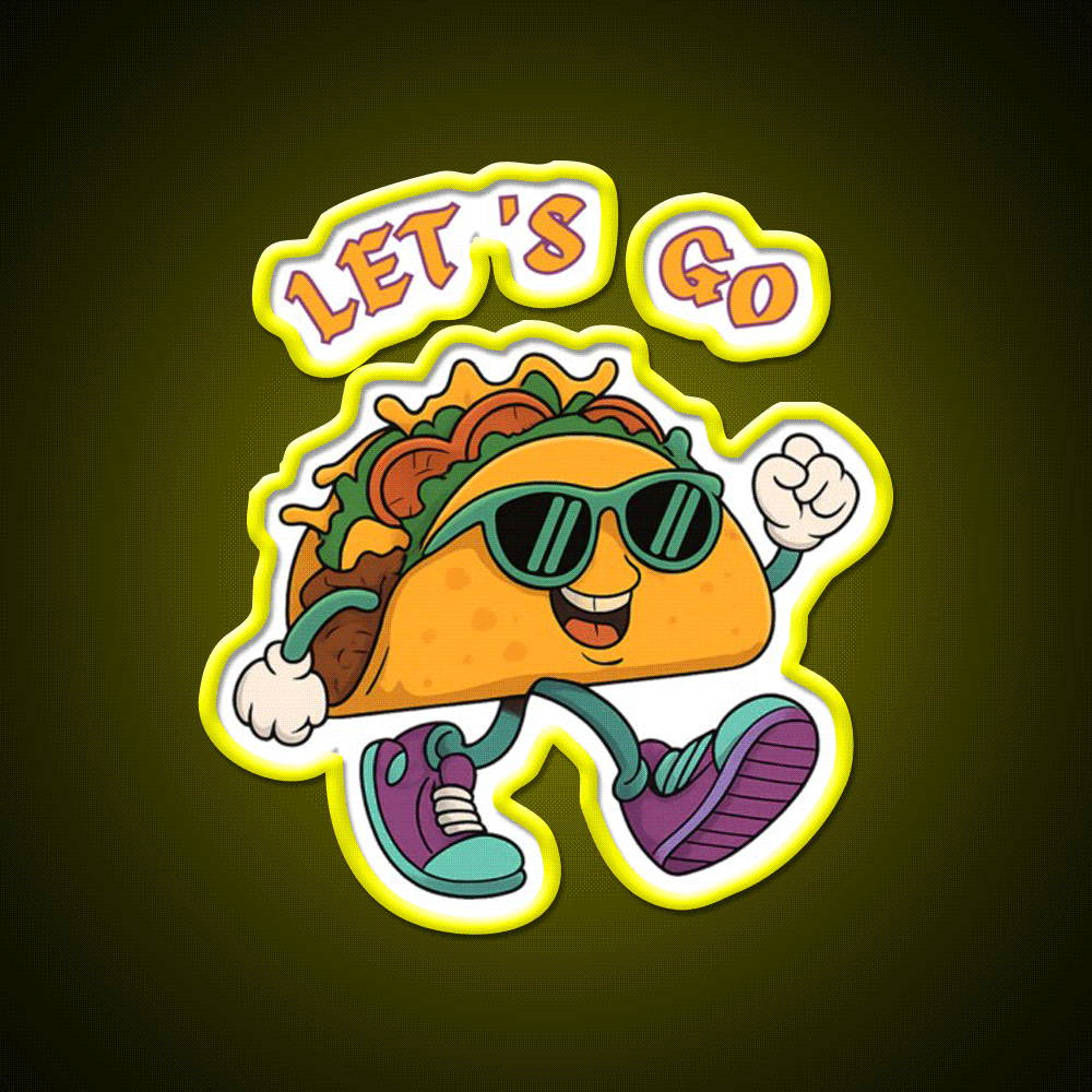 Lets Go Taco Fun Cartoon Taco Character Taco Led Neon Sign Rgb Color - Custom LED neon sign front view