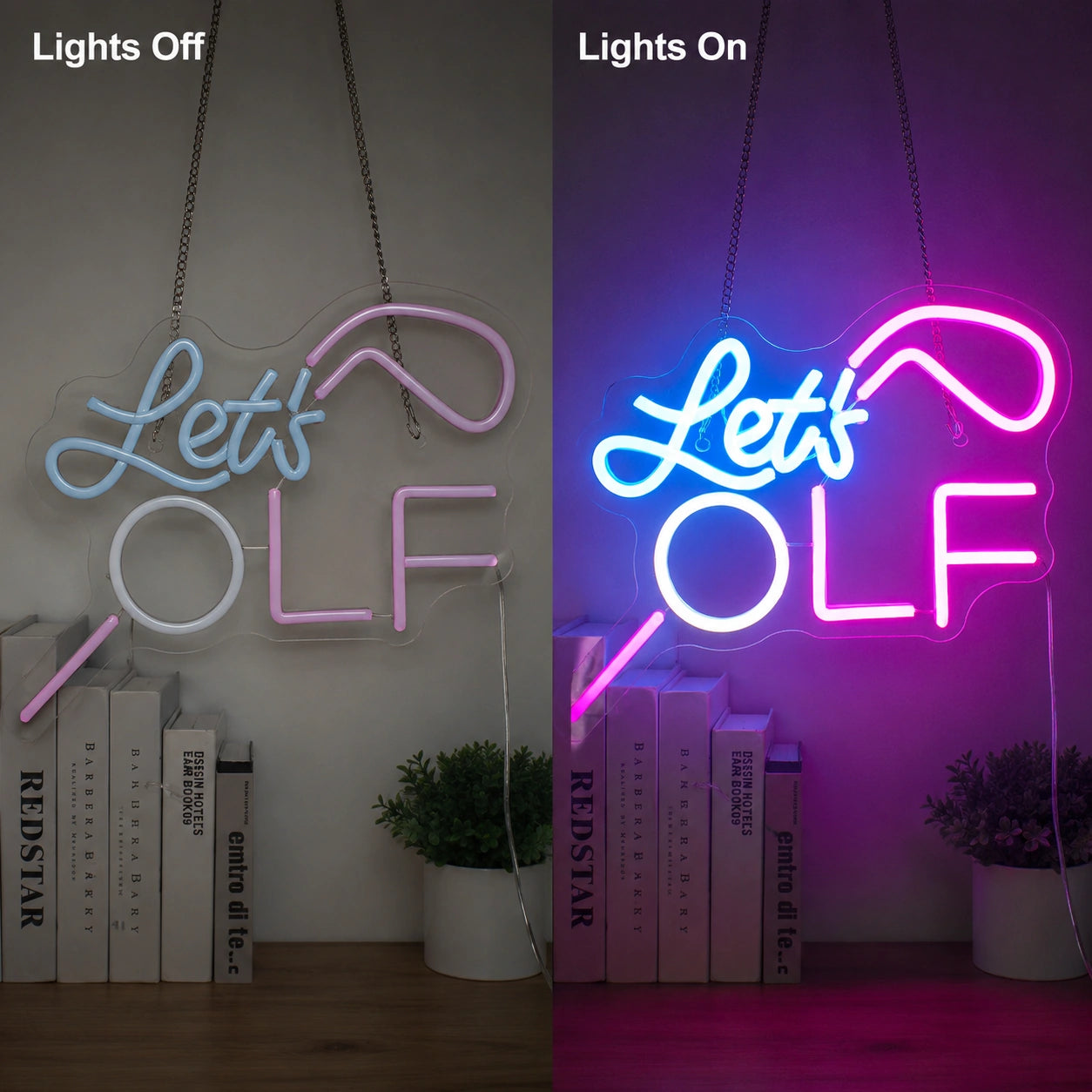 Lets Golf Neon Sign LED Neon Sign day and night comparison