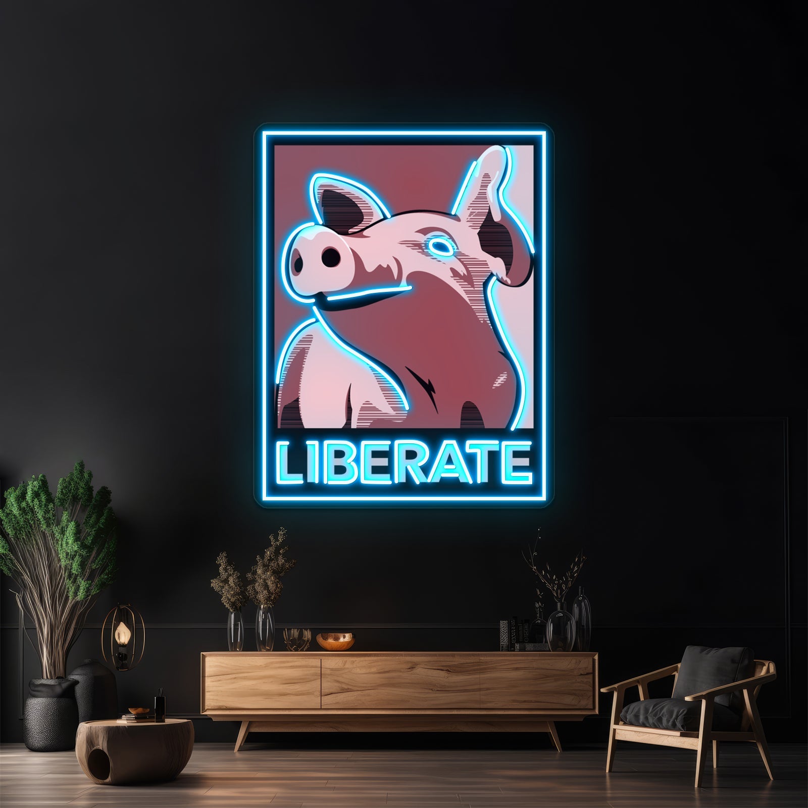 Liberate Pig Poster Style Rose Artwork Led Neon - Shineneon