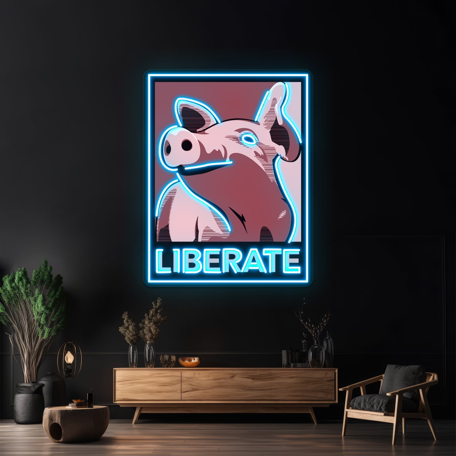 Liberate Pig Poster Style Rose Artwork Led Neon