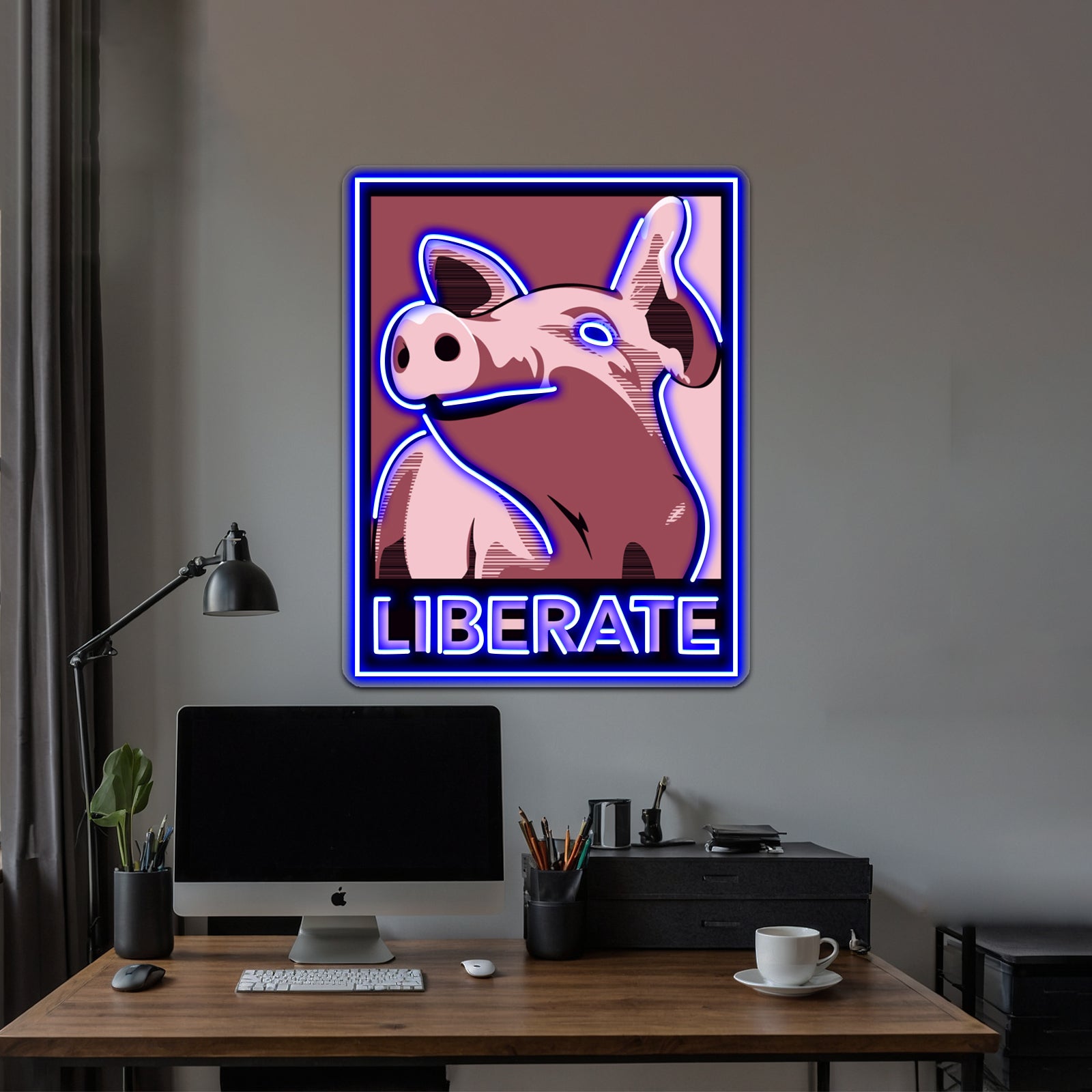 Liberate Pig Poster Style Rose Artwork Led Neon