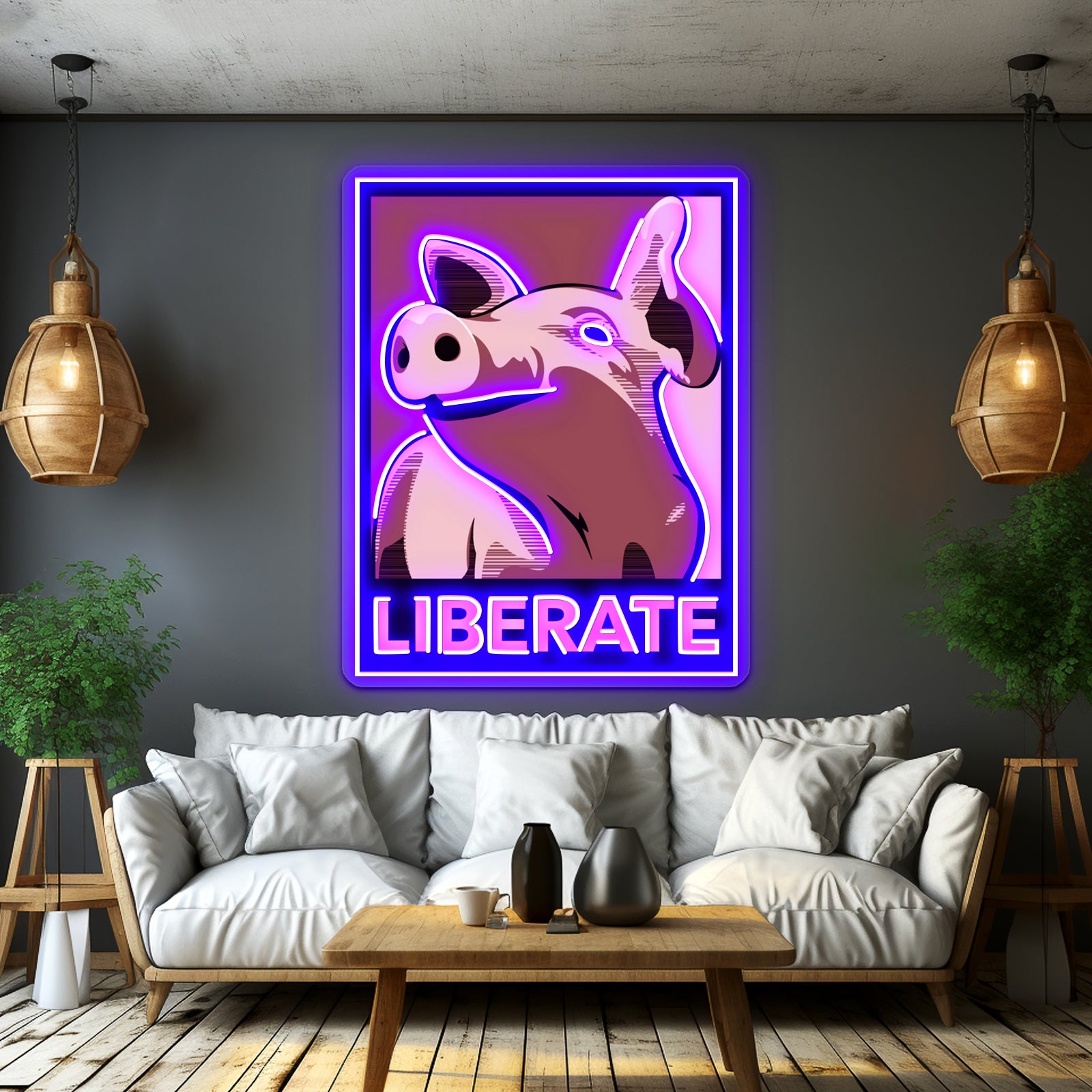 Liberate Pig Poster Style Rose Artwork Led Neon