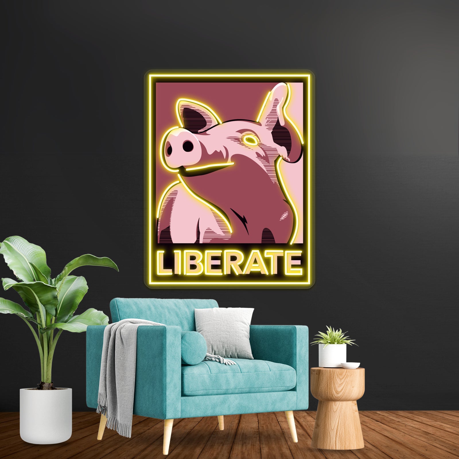 Liberate Pig Poster Style Rose Artwork Led Neon