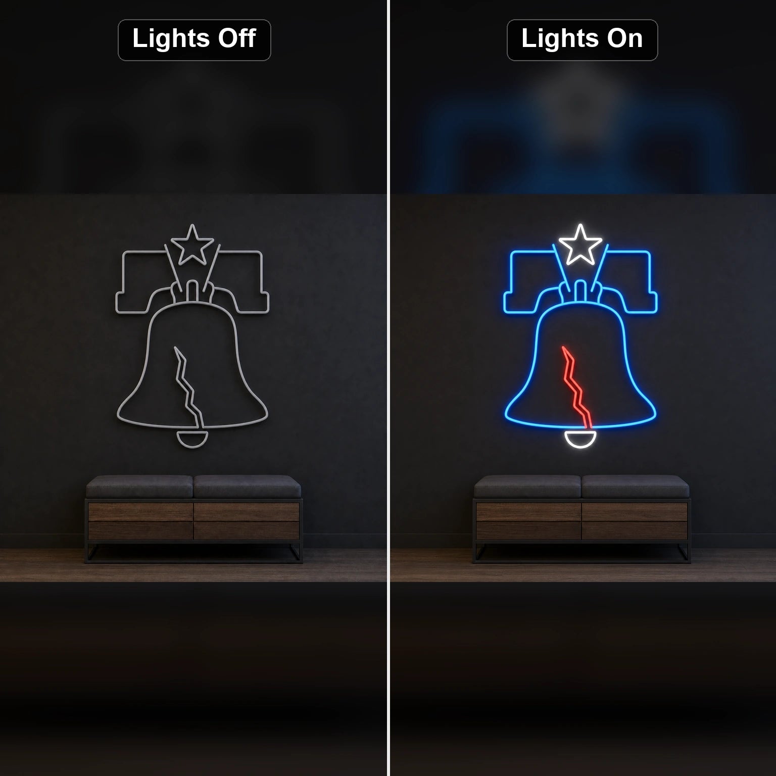 Liberty Bell LED Neon Sign Home Garage Wall Decoration day and night comparison