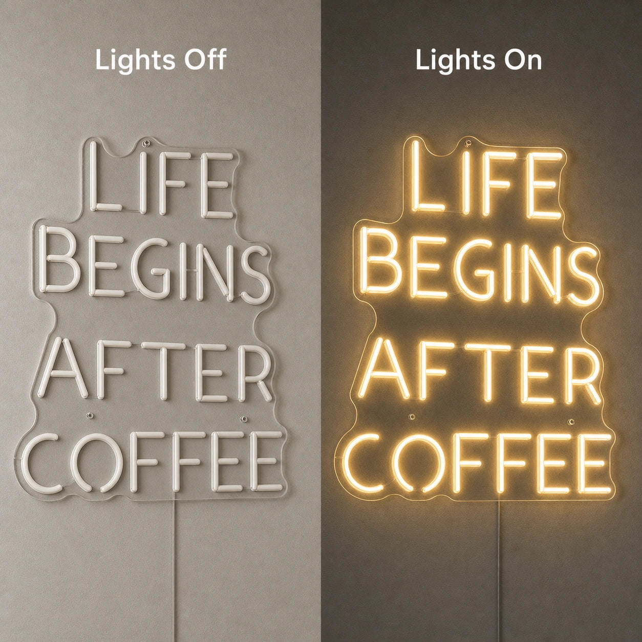 Life Begins After Coffee LED Neon Sign Home Bar Wall Decoration day and night comparison