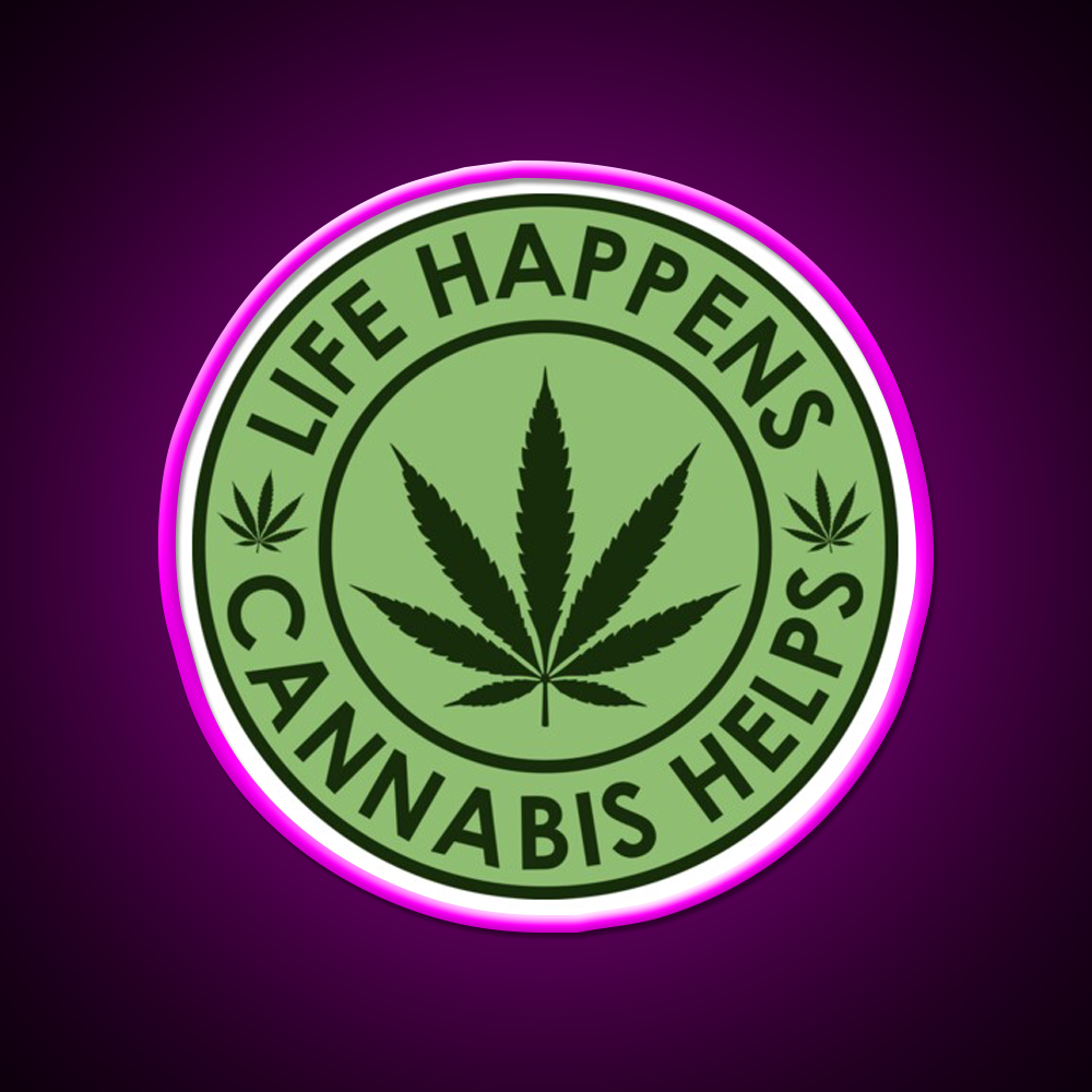Life Happens Helps Hemp Inspired Green Leaf Led Neon Sign Rgb Color - Neon sign mounted on wall in room